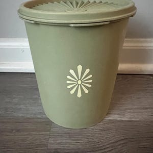 Puede incluir: Un recipiente de plástico verde oliva con tapa a juego. La tapa tiene un diseño de rayos de sol. Un diseño de rayos de sol blanco está en la parte delantera. El recipiente es cilíndrico y tiene una forma ligeramente cónica.