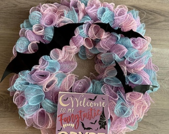 Handmade Halloween Deco Mesh Wreath | Pastel Pink Purple Blue | Welcome to My Fangtastic Crypt | Front Door Decor