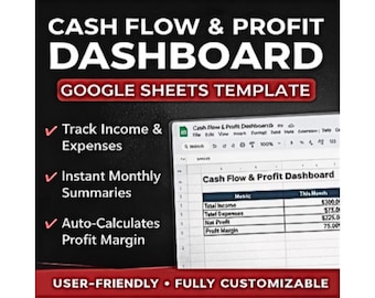 May include: A digital dashboard template for Google Sheets, titled "Cash Flow & Profit Dashboard." The image displays a spreadsheet with financial metrics, including income, expenses, and profit margin. The template is user-friendly and fully customizable.