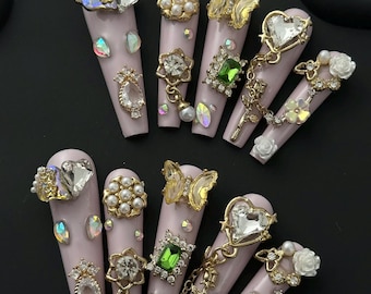 Uñas postizas Royal Garden Glam hechas a mano con adornos 3D, tamaño pequeño