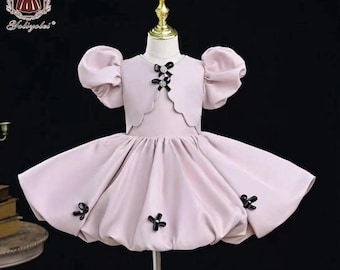 Vestido de princesa rosa ruborizado con mangas abullonadas, vestido infantil, vestido formal, vestido único, vestido de cumpleaños, vestido de fiesta, vestido para niña pequeña, vestido de niña de las flores