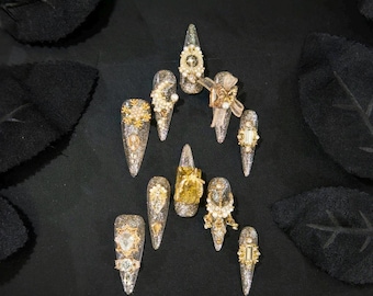 Uñas postizas de ojo de gato con diamantes de imitación hechas a mano: elegantes uñas postizas