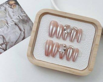 Uñas postizas ombré cromadas con diamantes de imitación