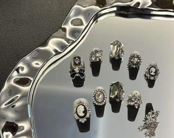 Uñas postizas, Ángel oscuro, Puntas de uñas elegantes, Gemas, Reutilizables, Estilo vintage mediano
