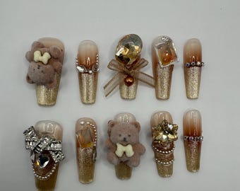 Uñas postizas, diseño de oso moca, puntas de uñas elegantes, gemas, reutilizables