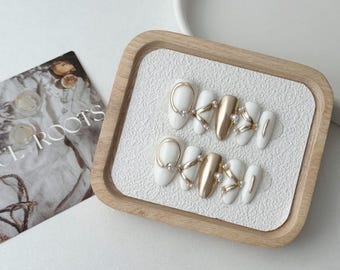 Uñas postizas con perla cromada para uso diario, bodas y otros eventos.