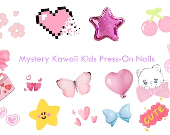 Uñas postizas Kawaii misteriosas para niños, diseños de dibujos animados, arte de uñas sorpresa para pequeñas fashionistas, oso, lazos, frutas y animales.