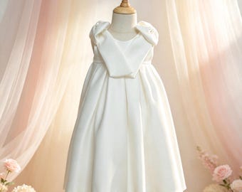 Elegant White Bow Dress: Formal A-Line Flower Girl Dress with Headband