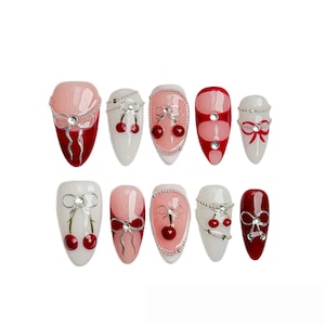 Y2K Cherry Bow Press On Nails: Summer Almond Nail Set