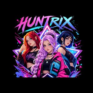 May include: A graphic design featuring three anime-style women with vibrant hair colors: red, purple, and blue. The word "HUNTRIX" is displayed in pink and blue above the women. The background includes geometric shapes and neon colors on a black background.