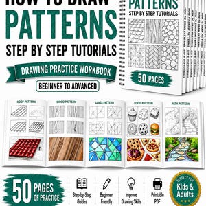 May include: A spiral-bound drawing practice workbook titled How to Draw Patterns Step by Step Tutorials. The book contains 50 pages of instructional content for drawing roof, wood, glass, food, and path patterns with black and white line art.