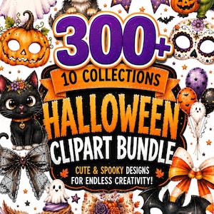 300+ Halloween Clipart Bundle PNG, Cute Watercolor Ghost Pumpkin Witch Bat Clipart, Spooky Sublimation PNG, Commercial Use