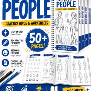 以下が含まれることがあります： How to Draw People Practice Guide & Worksheetsというタイトルのスパイラル綴じの教本。表紙には2人の人物のイラストと「50+ Pages」という文字が記載されている。開いたページには、基本図形、頭部の構造、身体の比率に関する図解が掲載されている。