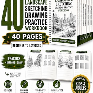 Könnte beinhalten: Ein spiralgebundenes Zeichenübungsheft mit dem Titel Urban & Landscape Sketching mit 40 Seiten. Das Cover zeigt eine Stadtpark-Illustration. Die Innenseiten zeigen Übungen für Perspektivlinien, Gebäudeskizzen, Landschaftsübungen und Schattierungen.