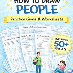Può includere: Una guida illustrata intitolata "How to Draw People" con il sottotitolo "Practice Guide & Worksheets". La guida include fogli di lavoro sulla struttura del corpo, con il testo "Includes 50+ Pages!". Due persone sono illustrate nell'immagine.
