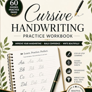 Op de afbeelding: Een werkboek voor cursief handschrift met een crèmekleurige kaft, groene bladillustraties, een zwarte vulpen en tekst waaronder "Cursive HANDWRITING PRACTICE WORKBOOK" en "60 GUIDED PRACTICE PAGES" met een spiraalgebonden notitieblok.