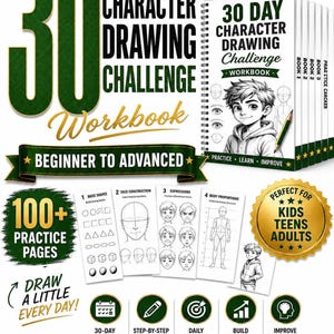 May include: A 30-day character drawing challenge workbook featuring a spiral-bound cover with a cartoon character illustration. The set includes over 100 practice pages, step-by-step lessons, and a tracker for beginner to advanced drawing skills.
