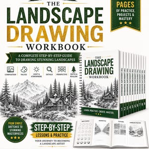 May include: A spiral-bound workbook titled The Landscape Drawing Workbook with a green and white cover featuring a mountain cabin illustration. The set includes nine numbered volumes and an open book displaying drawing lessons on shapes and perspective.
