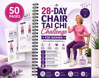 Chair Tai Chi Challenge for Women, 28 Day Seated Exercise Workbook for Seniors, Printable PDF, Gentle Movement and Progress Tracker