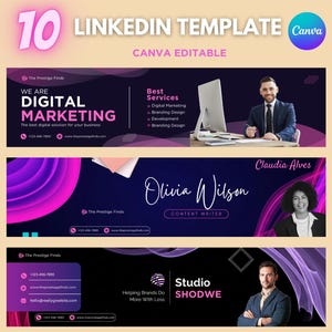 May include: A digital marketing LinkedIn template set with a Canva editable design. The templates feature a purple and blue color scheme, with text such as "Digital Marketing" and "Studio SHODWE". Includes photos of professionals.