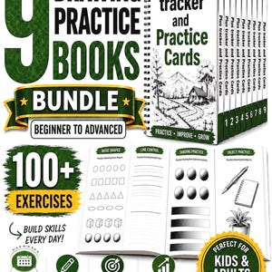 Bundel met een 30-daags oefenboek voor schetsen, printbare tekenoefeningen in PDF-formaat, schetslessen voor beginners en een dagelijkse handleiding voor kunstoefeningen.