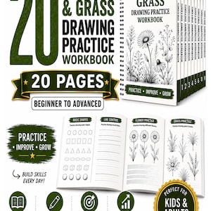May include: A spiral-bound drawing practice workbook titled 20 Flower & Grass Drawing Practice Workbook. The cover features black and white botanical illustrations. The interior pages show exercises for basic shapes, line control, flowers, and grass.