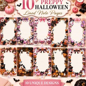 May include: A digital collection of 10 Preppy Halloween Lined Note Pages featuring various decorative borders with pumpkins, ghosts, black cats, bows, and floral elements. The text 10 PREPPY HALLOWEEN Lined Note Pages and 10 UNIQUE DESIGNS INSTANT DOWNLOAD is visible.