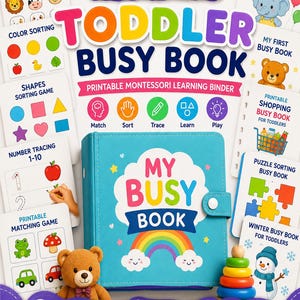 Peut inclure: Un classeur bleu intitulé My Busy Book avec un motif d'arc-en-ciel et de nuages, entouré de diverses pages d'activités éducatives incluant des jeux d'association, de tri de couleurs, de formes et de traçage, avec un ours en peluche et un jouet.