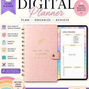 May include: A pink digital planner for 2026, 2027, and 2028 with gold spiral binding and a snap closure. The cover features a gold leaf icon and text. The open page displays a goal tracker with sections for action steps, reasons, and obstacles.
