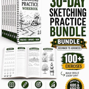 Drawing Exercises Workbook Bundle, 30-Day Printable Sketching Challenge, 100+ Guided Art Practice Pages, Beginner to Advanced Drawing PDF