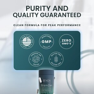 May include: Image of a dark blue supplement bottle with the text "BrainZen" and capsules. The image also includes text that reads "Purity and Quality Guaranteed" and "Clean Formula for Peak Performance."