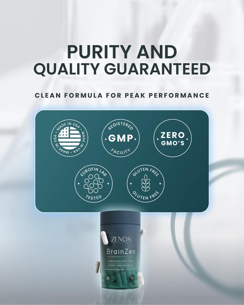 May include: Image of a dark blue supplement bottle with the text "BrainZen" and capsules. The image also includes text that reads "Purity and Quality Guaranteed" and "Clean Formula for Peak Performance."