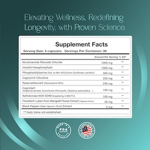 May include: A white label detailing supplement facts, including Nicotinamide Riboside Chloride, Inositol Hexaphosphate, and other ingredients. The label states the serving size is 4 capsules, with 30 servings per container. The text "Elevating Wellness, Redefining Longevity, with Proven Science" is at the top.