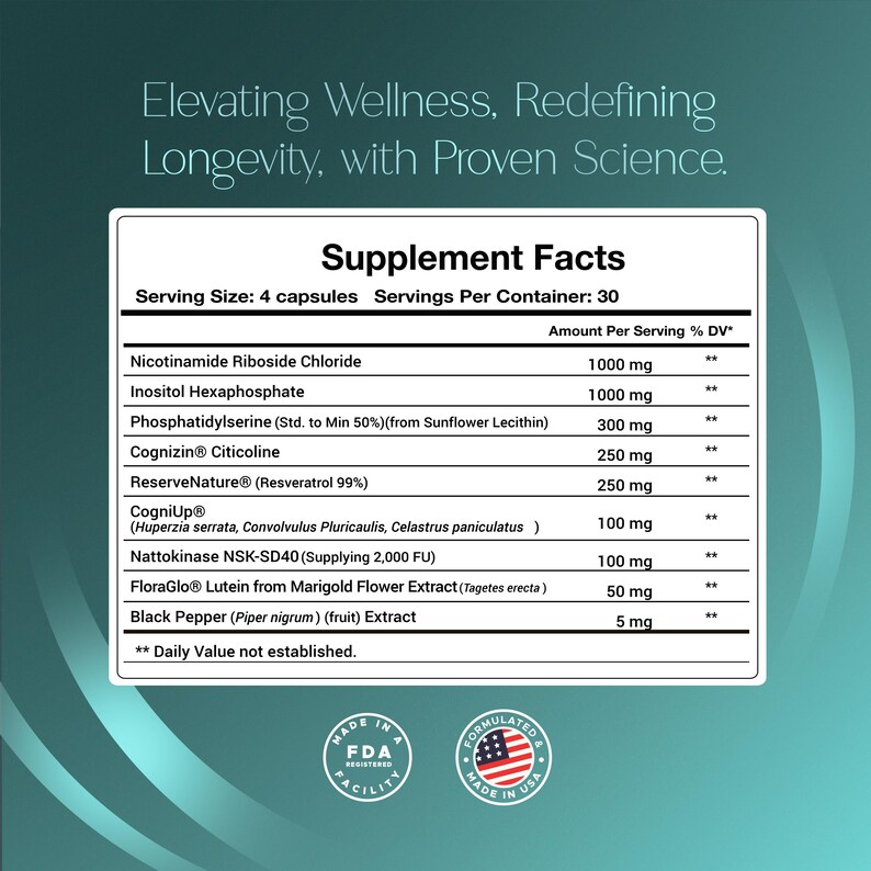 May include: A white label detailing supplement facts, including Nicotinamide Riboside Chloride, Inositol Hexaphosphate, and other ingredients. The label states the serving size is 4 capsules, with 30 servings per container. The text "Elevating Wellness, Redefining Longevity, with Proven Science" is at the top.