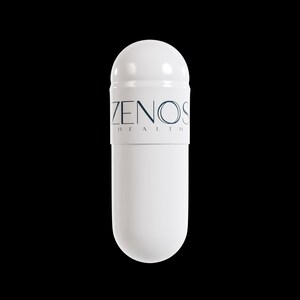 May include: A white capsule with a rounded top and a cylindrical body. The capsule has a band with the text "ZENOS HEALTH" in a dark blue font. The background is solid black.