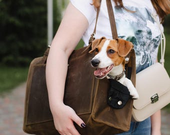 Leather dog carrier bag, Personalized dog carrier, Dog walking bag, Dog carrier tote, Custom leather dog bag, Leather pet carrier