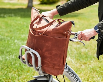 Leather bike pannier, Custom bike bag, Bicycle tote bag, Leather frame bag, Bag for biking, Handlebar bag shoulder, Bikepacking bag