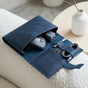 Personalized Leather Tech Organizer, Executive Tech Folio, Leather Cable Organizer, Travel Cable Electronics Case, Charger Roll Up Pouch