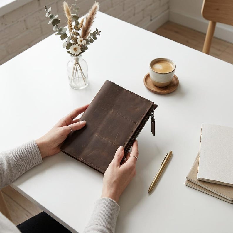 May include: A dark brown leather notebook cover featuring a vertical zippered side pocket and a smooth, matte finish. The rectangular cover has visible stitching along the edges and a metal zipper pull tab, providing a secure enclosure for a notebook.