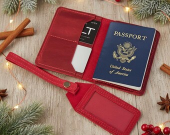 Porta pasaporte de cuero personalizado, Juego de funda para pasaporte y etiqueta para equipaje, Porta pasaporte con monograma, Estuche de cuero para pasaporte, Etiqueta de viaje