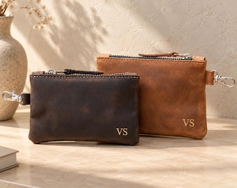 Leather Zipper Pouch Keychain, Personalized Leather Coin Pouch, Small Leather Keychain Pouch, Leather Coin Purse, Zipper Key Pouch