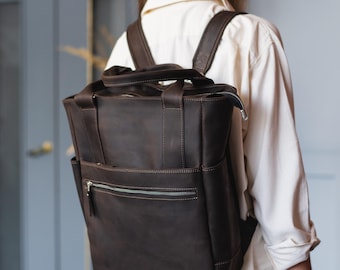 Womens leather backpack, Backpack shoulder bag 2 in 1, Leather laptop backpack womens, Leather city backpack, Work backpack for women