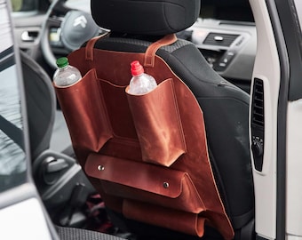 Leather car backseat organizer, Car seat storage bag, Car seat hanging organizer, Car backseat pocket, Car seat organizer with bottle holder
