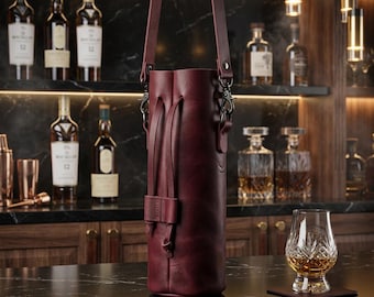 Custom Leather Wine Bottle Bag, Wine Bottle Carrier Tote, Handmade Leather Wine Holder, Personalized Wine Tote, Leather Whiskey Bottle Bag