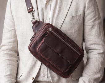 Men’s Leather Crossbody Bag, Personalized Leather Sling Bag, Travel Shoulder Bag for Men, Everyday Messenger Bag, Business Gift for Him
