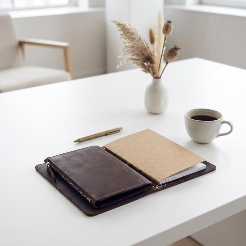 May include: A dark brown leather notebook cover featuring an integrated zippered pouch on the left side and a refillable paper insert on the right. The cover is open, displaying a smooth, matte texture and visible stitching along the edges.