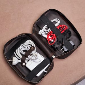 Personalized leather cable case, Travel charger organizer, Custom cable organizer bag, Leather tech organizer, Leather cable pouch