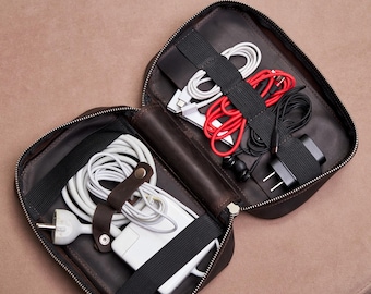 Engraved leather cable case, Charger organizer travel, Personalized cable case, Electronics organizer bag, Leather tech accessories case