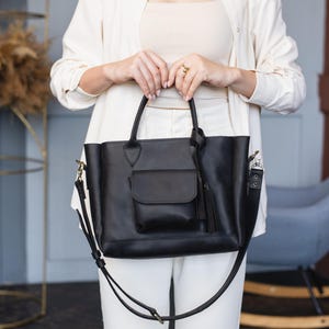 Womens leather tote bag, Tote bag with trolley sleeve, Leather laptop tote bag, Personalized leather tote, Laptop tote bag with zipper