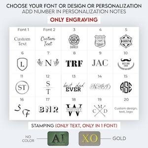 May include: A chart showing 20 different font and design options for personalization. The options include custom text, initials, and pre-designed logos. The chart also includes options for stamping with text in one font. The options are labeled with numbers 1 through 20.